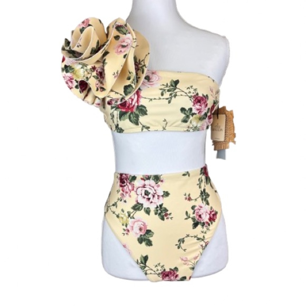 Antonio Melani Rosette One Shoulder Floral Hi Waist Bikini  S Top M Bottom NEW